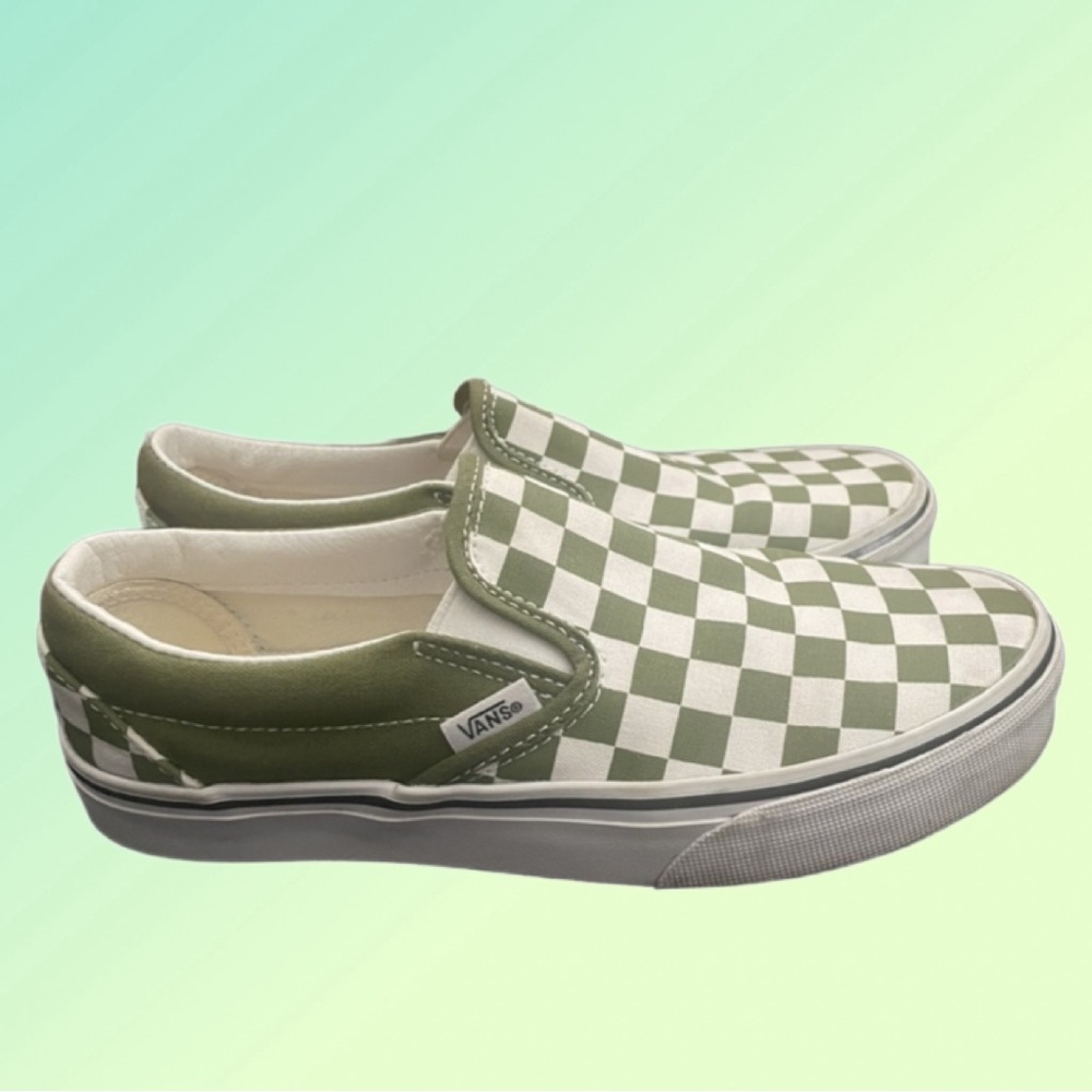Vans Checkered Green and White Slip-On Sneakers